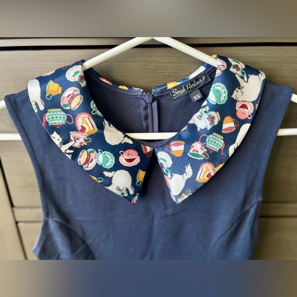 Smak Parlour Kittens and Teacups Navy Blue Peter Pan Collar Skater Dress XS - Picture 3 of 6